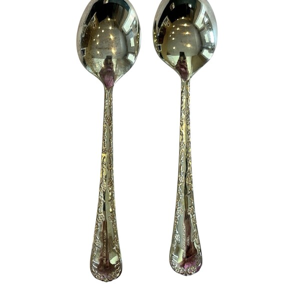 WM Roger Enchanted Rose Vintage Silverplate by Intl Silver 2 Soup Spoons - Picture 3 of 5